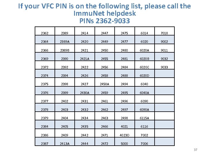 If your VFC PIN is on the following list, please call the Immu. Net