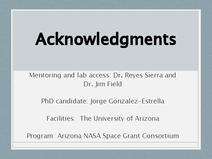 Acknowledgments Mentoring and lab access: Dr. Reyes Sierra and Dr. Jim Field Ph. D