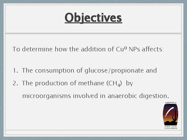 Objectives To determine how the addition of Cu 0 NPs affects: 1. The consumption