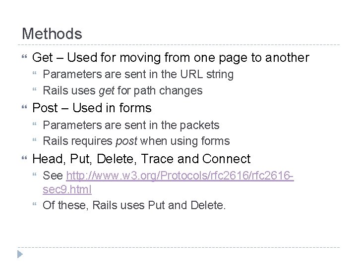 Methods Get – Used for moving from one page to another Post – Used