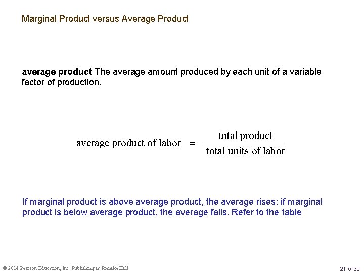 Marginal Product versus Average Product average product The average amount produced by each unit