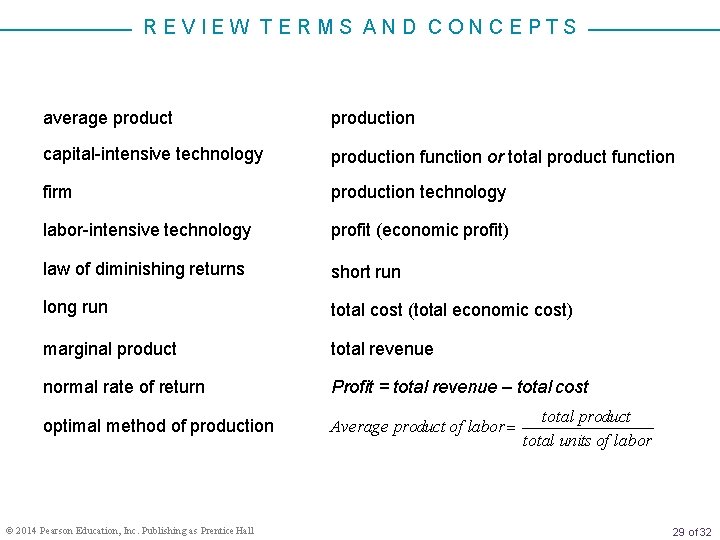 REVIEW TERMS AND CONCEPTS average production capital-intensive technology production function or total product function