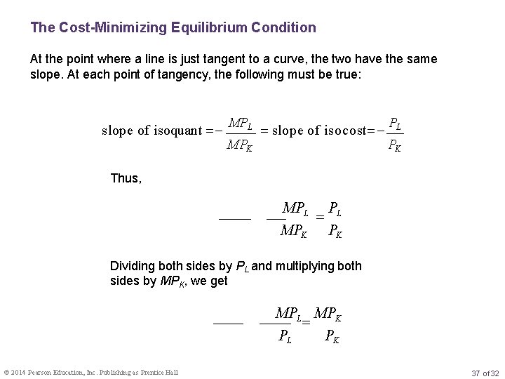 The Cost-Minimizing Equilibrium Condition At the point where a line is just tangent to