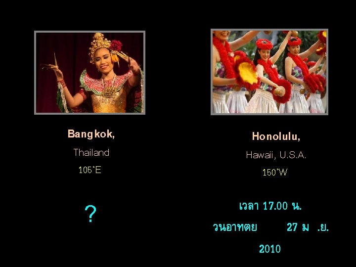 Bangkok, Thailand 105˚E ? Honolulu, Hawaii, U. S. A. 150˚W เวลา 17. 00 น.