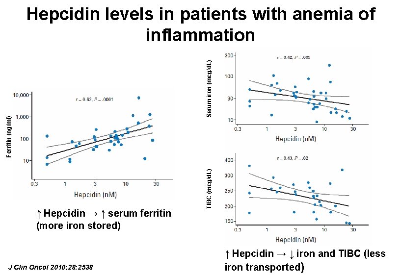 ↑ Hepcidin → ↑ serum ferritin (more iron stored) J Clin Oncol 2010; 28: