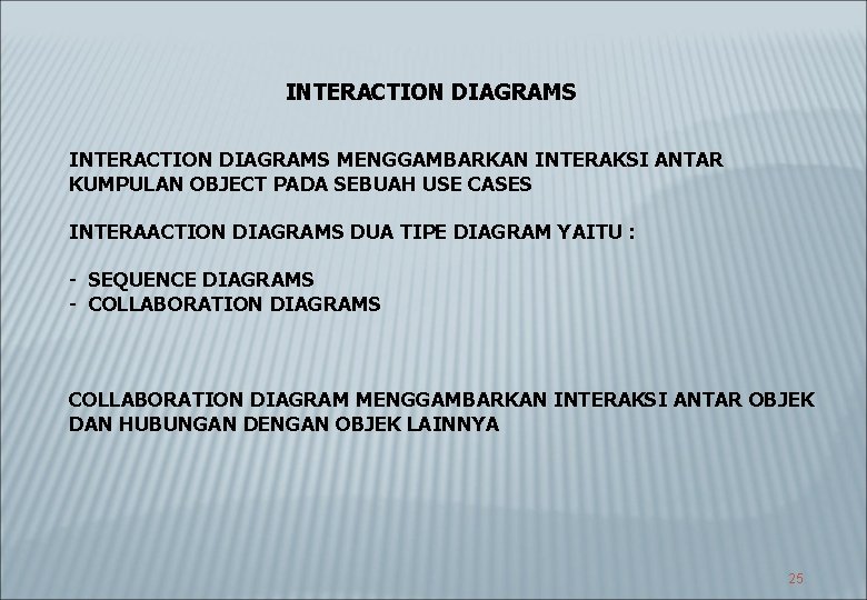 INTERACTION DIAGRAMS MENGGAMBARKAN INTERAKSI ANTAR KUMPULAN OBJECT PADA SEBUAH USE CASES INTERAACTION DIAGRAMS DUA