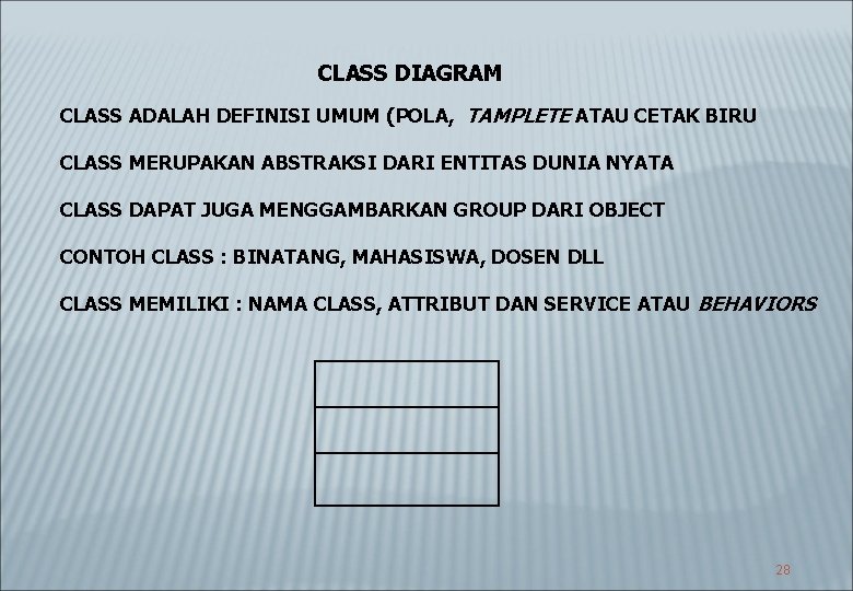 CLASS DIAGRAM CLASS ADALAH DEFINISI UMUM (POLA, TAMPLETE ATAU CETAK BIRU CLASS MERUPAKAN ABSTRAKSI