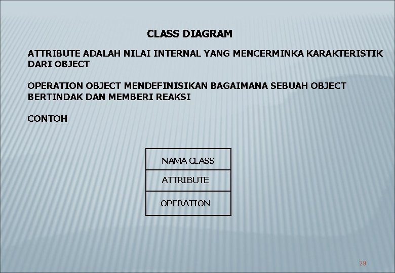 CLASS DIAGRAM ATTRIBUTE ADALAH NILAI INTERNAL YANG MENCERMINKA KARAKTERISTIK DARI OBJECT OPERATION OBJECT MENDEFINISIKAN