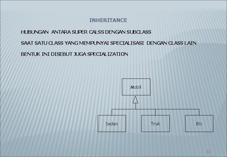 INHERITANCE HUBUNGAN ANTARA SUPER CALSS DENGAN SUBCLASS SAAT SATU CLASS YANG MEMPUNYAI SPECIALISASI DENGAN