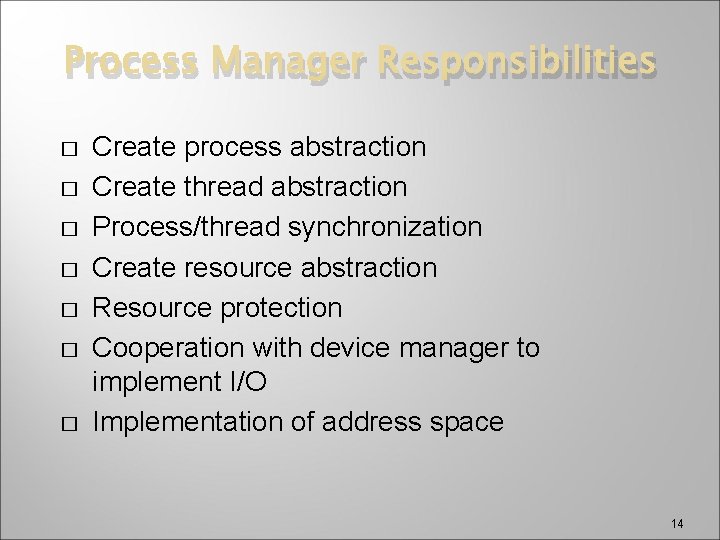 Process Manager Responsibilities � � � � Create process abstraction Create thread abstraction Process/thread