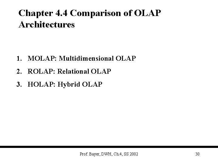 Chapter 4. 4 Comparison of OLAP Architectures 1. MOLAP: Multidimensional OLAP 2. ROLAP: Relational