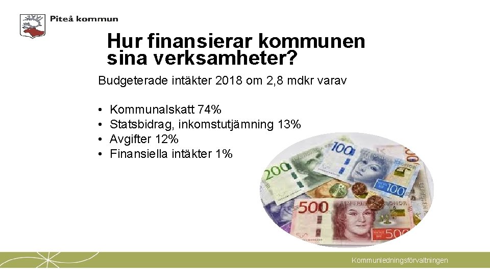 Hur finansierar kommunen sina verksamheter? Budgeterade intäkter 2018 om 2, 8 mdkr varav •