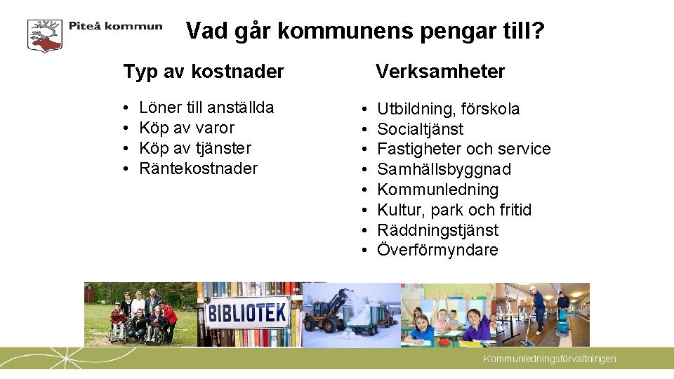 Vad går kommunens pengar till? Typ av kostnader • • Löner till anställda Köp