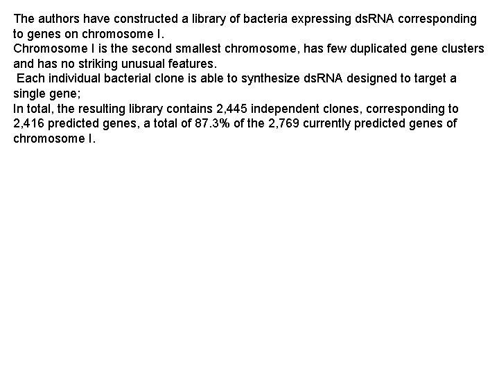 The authors have constructed a library of bacteria expressing ds. RNA corresponding to genes