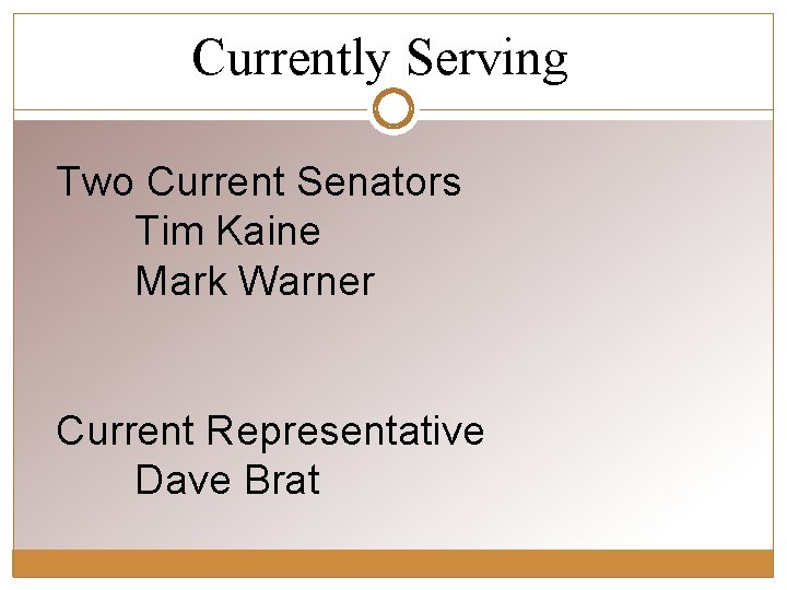 Currently Serving Two Current Senators Tim Kaine Mark Warner Current Representative Dave Brat 