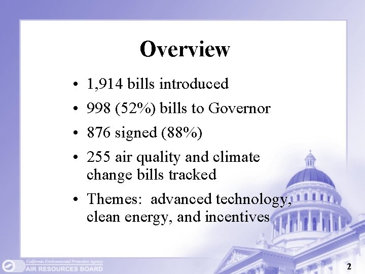 Overview • • 1, 914 bills introduced 998 (52%) bills to Governor 876 signed