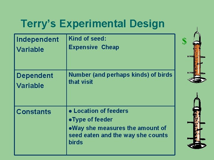 Terry’s Experimental Design Independent Variable Kind of seed: Expensive Cheap Dependent Variable Number (and