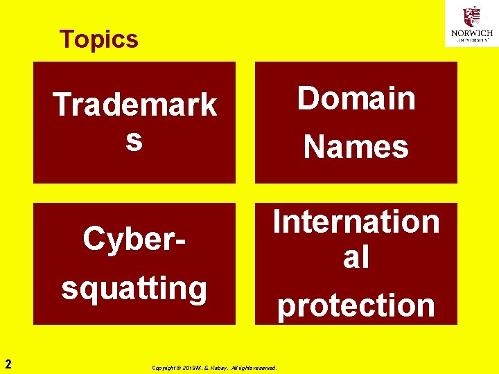 Topics 2 Trademark s Domain Names Cybersquatting Internation al protection Copyright © 2019 M.