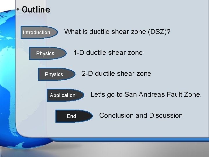  • Outline Introduction Physics What is ductile shear zone (DSZ)? 1 -D ductile