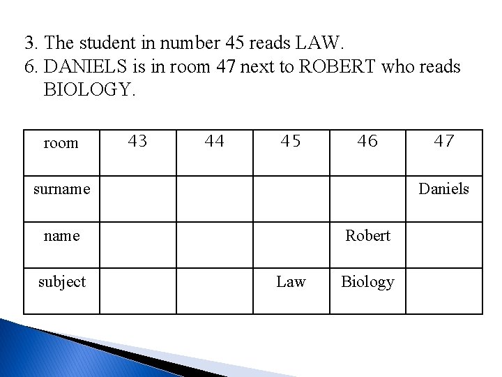 3. The student in number 45 reads LAW. 6. DANIELS is in room 47