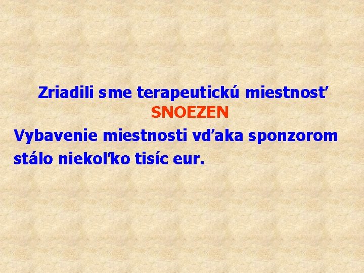 Zriadili sme terapeutickú miestnosť SNOEZEN Vybavenie miestnosti vďaka sponzorom stálo niekoľko tisíc eur. 