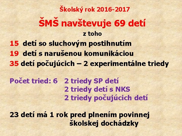 Školský rok 2016 -2017 ŠMŠ navštevuje 69 detí z toho 15 detí so sluchovým