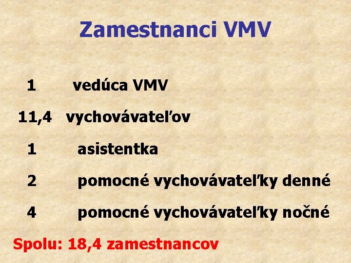 Zamestnanci VMV 1 vedúca VMV 11, 4 vychovávateľov 1 asistentka 2 pomocné vychovávateľky denné