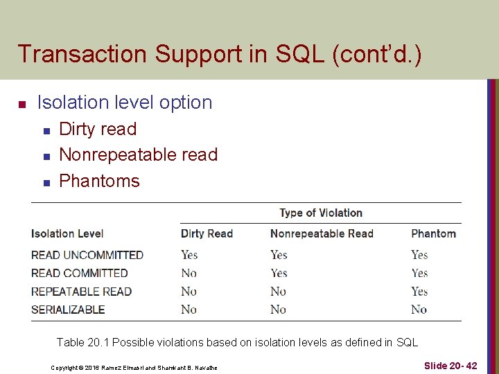 Transaction Support in SQL (cont’d. ) n Isolation level option n Dirty read Nonrepeatable