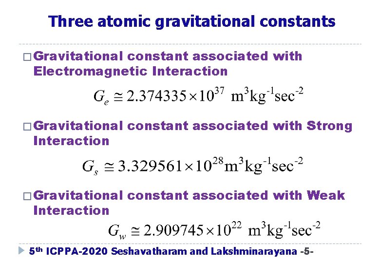 Three atomic gravitational constants � Gravitational constant associated with Electromagnetic Interaction � Gravitational constant Three atomic gravitational constants � Gravitational constant associated with Electromagnetic Interaction � Gravitational constant