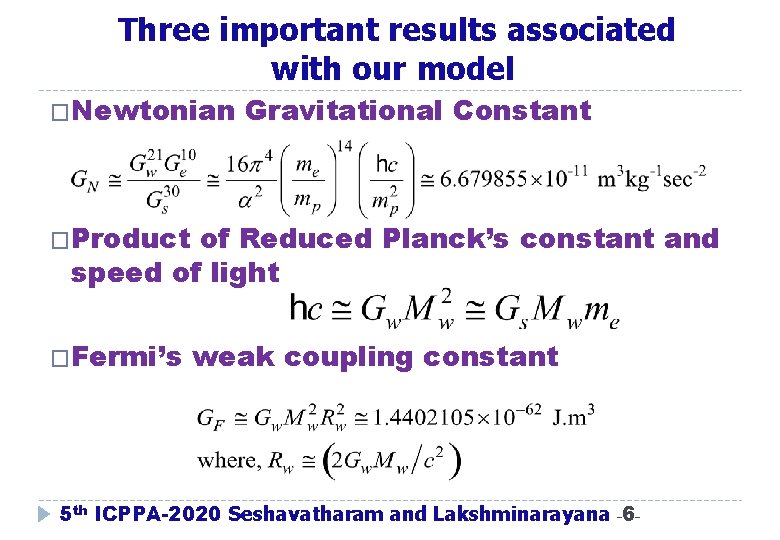 Three important results associated with our model �Newtonian Gravitational Constant �Product of Reduced Planck’s Three important results associated with our model �Newtonian Gravitational Constant �Product of Reduced Planck’s
