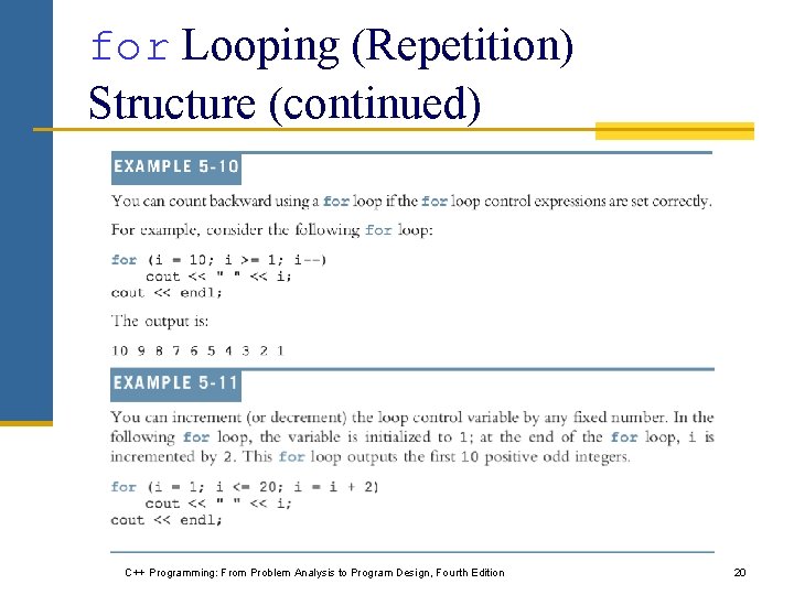 for Looping (Repetition) Structure (continued) C++ Programming: From Problem Analysis to Program Design, Fourth
