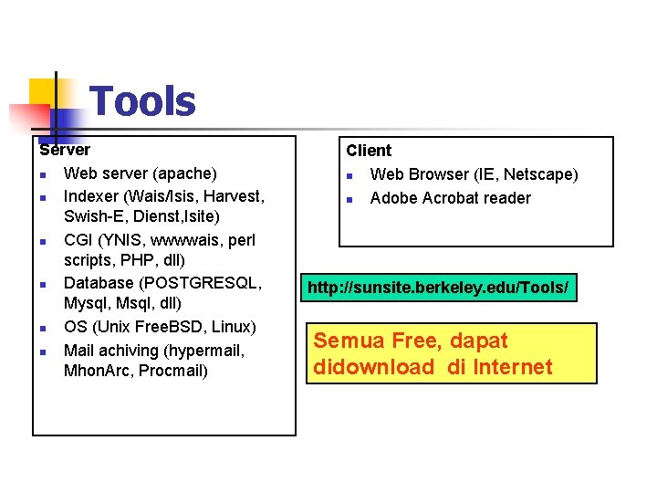 Tools Server n Web server (apache) n Indexer (Wais/Isis, Harvest, Swish-E, Dienst, Isite) n