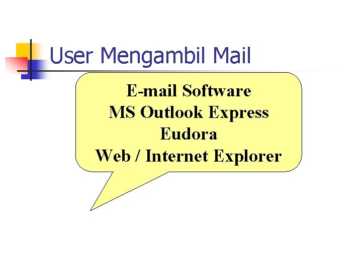 User Mengambil Mail E-mail Software MS Outlook Express Eudora Web / Internet Explorer 