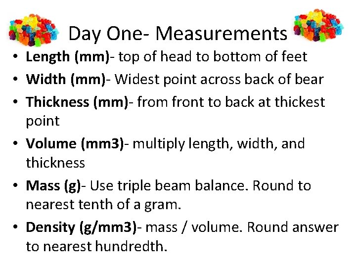 Day One- Measurements • Length (mm)- top of head to bottom of feet •