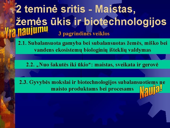 2 teminė sritis - Maistas, žemės ūkis ir biotechnologijos 3 pagrindinės veiklos 2. 1.