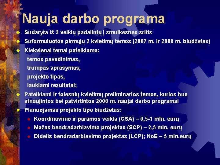 Nauja darbo programa Sudaryta iš 3 veiklų padalintų į smulkesnes sritis Suformuluotos pirmųjų 2