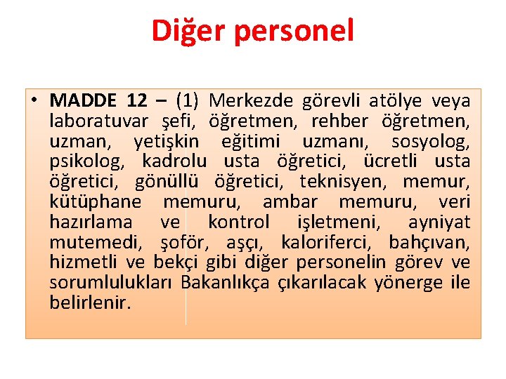 Diğer personel • MADDE 12 – (1) Merkezde görevli atölye veya laboratuvar şefi, öğretmen,