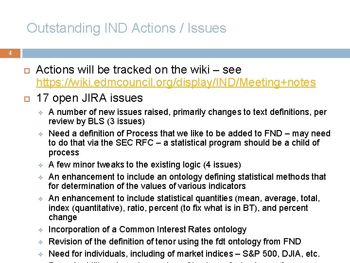 Outstanding IND Actions / Issues 4 Actions will be tracked on the wiki –