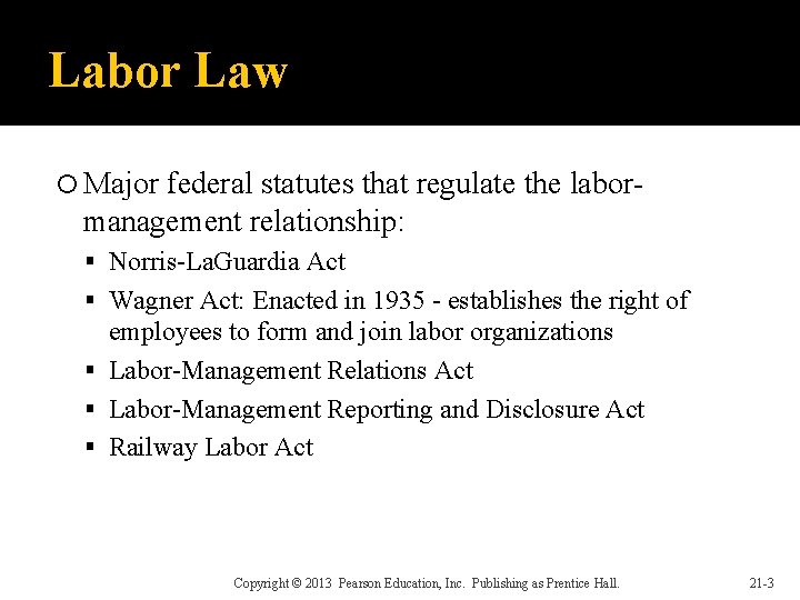 Labor Law Major federal statutes that regulate the labormanagement relationship: Norris-La. Guardia Act Wagner