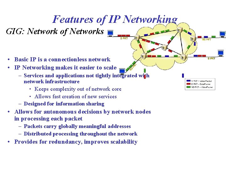 Features of IP Networking GIG: Network of Networks • Basic IP is a connectionless