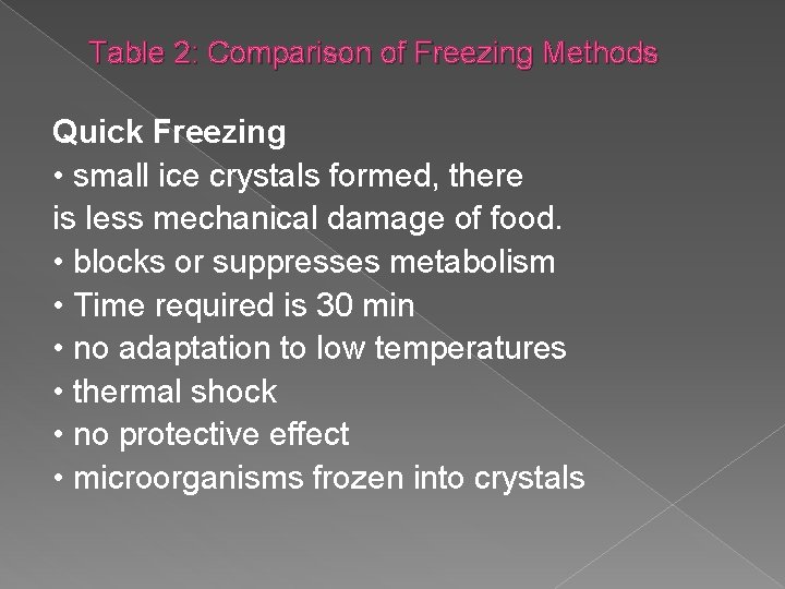 Table 2: Comparison of Freezing Methods Quick Freezing • small ice crystals formed, there