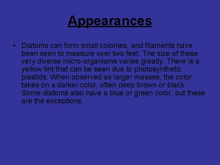 Appearances • Diatoms can form small colonies, and filaments have been seen to measure