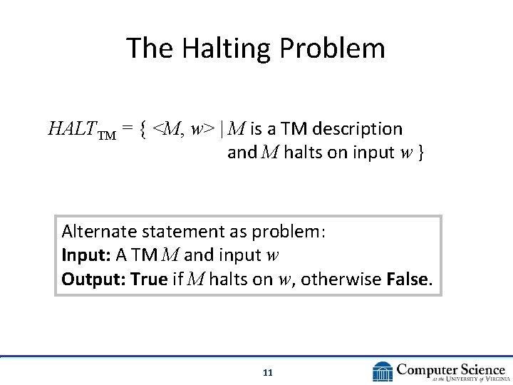 The Halting Problem HALTTM = { <M, w> | M is a TM description