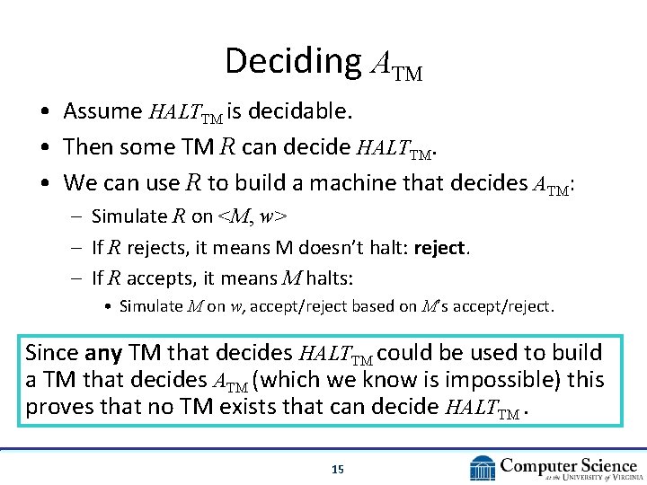 Deciding ATM • Assume HALTTM is decidable. • Then some TM R can decide