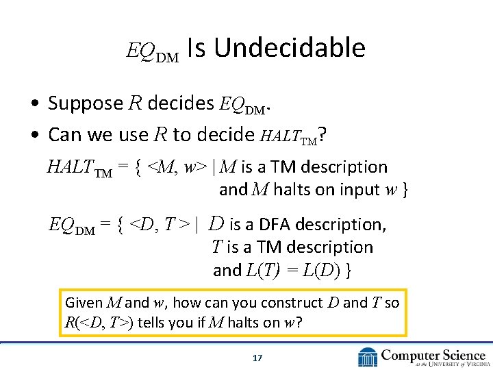 EQDM Is Undecidable • Suppose R decides EQDM. • Can we use R to