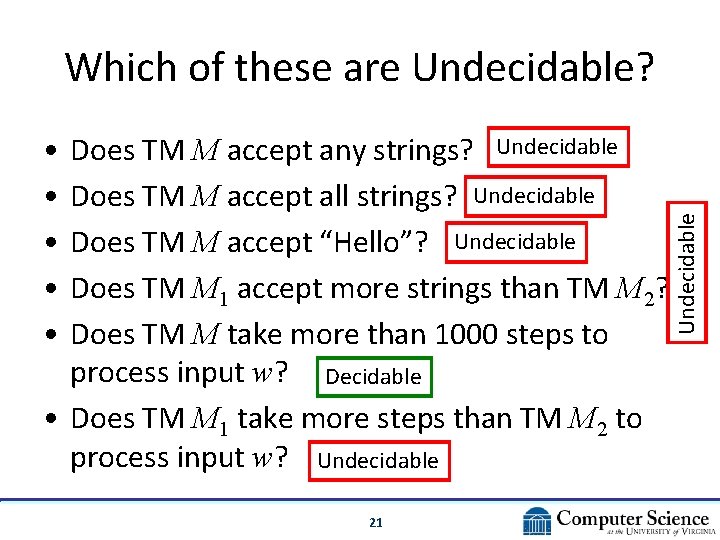  • • • Does TM M accept any strings? Undecidable Does TM M