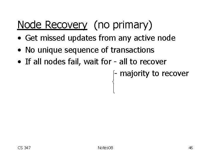 Node Recovery (no primary) • Get missed updates from any active node • No