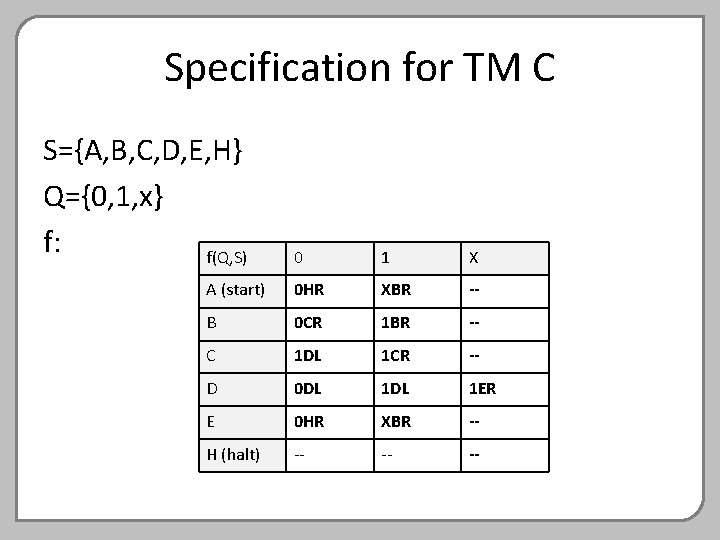 Specification for TM C S={A, B, C, D, E, H} Q={0, 1, x} f: