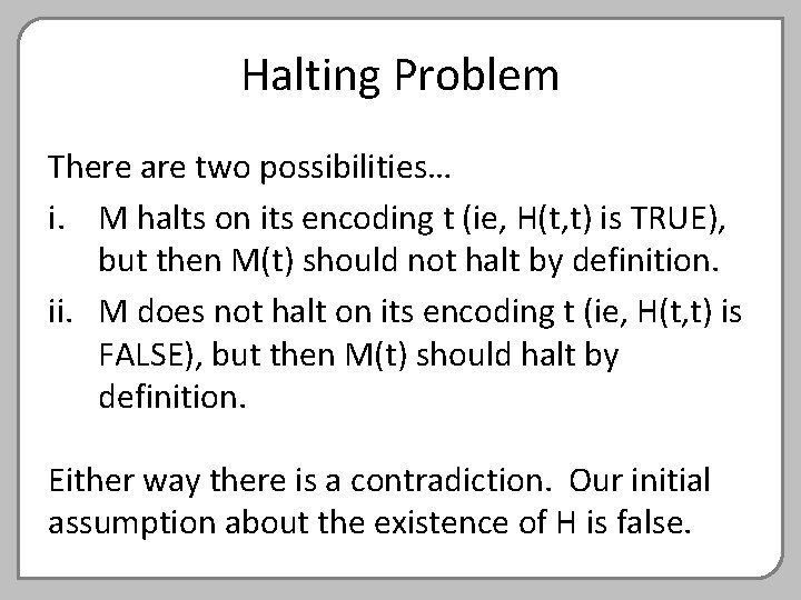 Halting Problem There are two possibilities… i. M halts on its encoding t (ie,