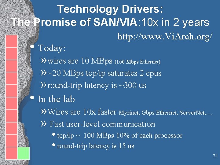 Technology Drivers: The Promise of SAN/VIA: 10 x in 2 years • Today: http: